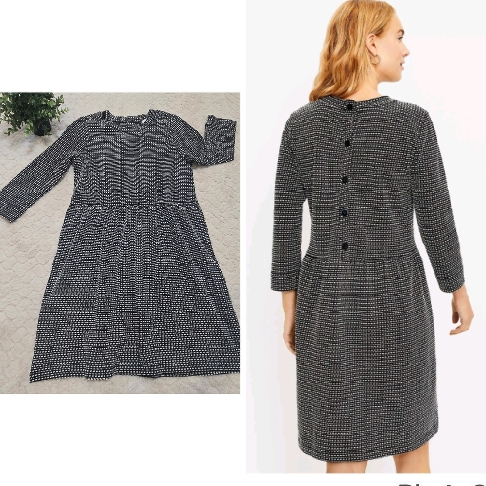 LOFT Black and White Textured Knit Button Back Dress, Size XS